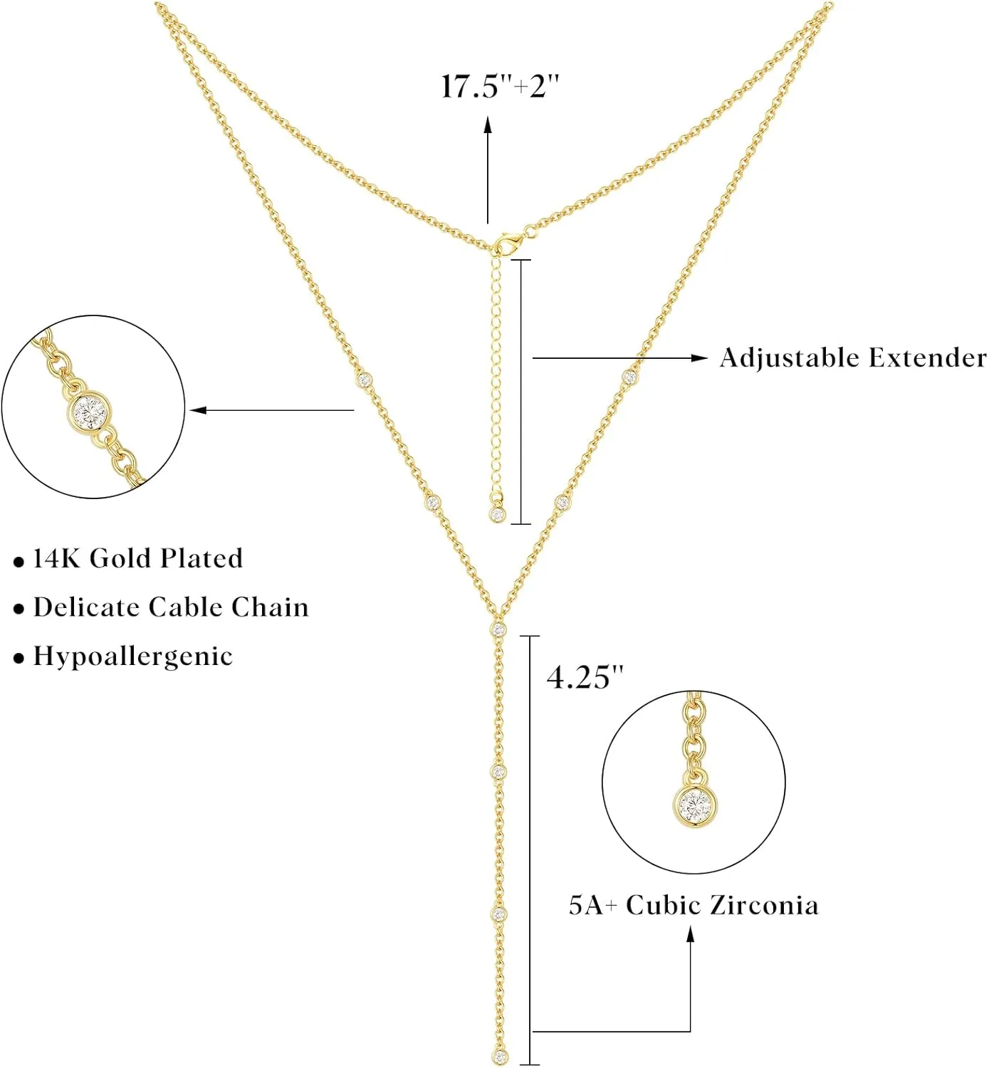 KissYan Gold Lariat Necklace for Women, Dainty 14K Gold Plated Y Shaped Cuban Chain Layered Long CZ Drop Pendant Choker Necklaces Fashion Jewelry Gifts