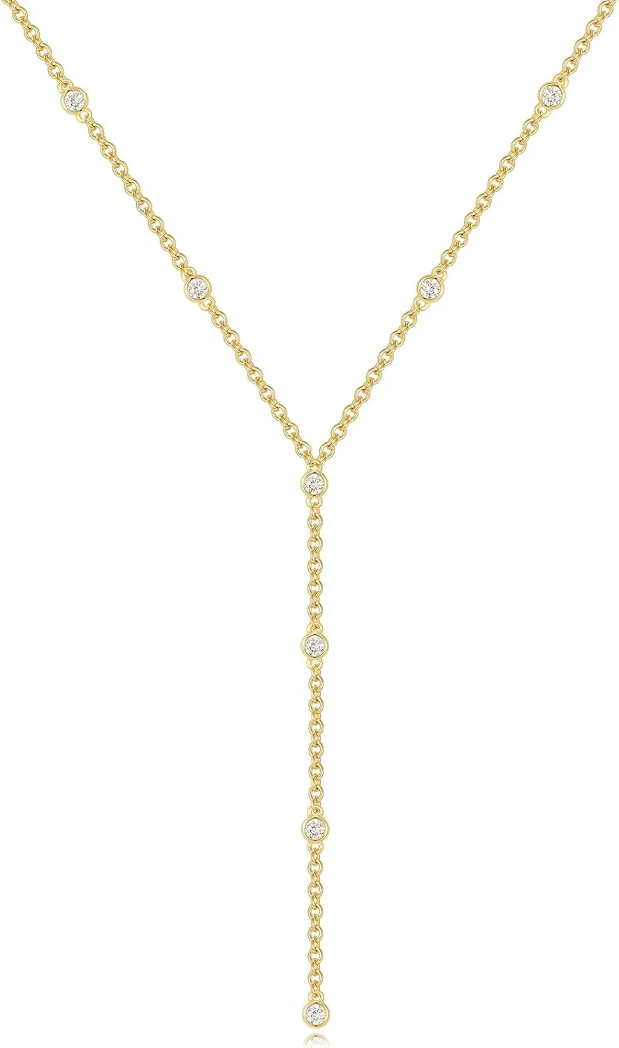 KissYan Gold Lariat Necklace for Women, Dainty 14K Gold Plated Y Shaped Cuban Chain Layered Long CZ Drop Pendant Choker Necklaces Fashion Jewelry Gifts