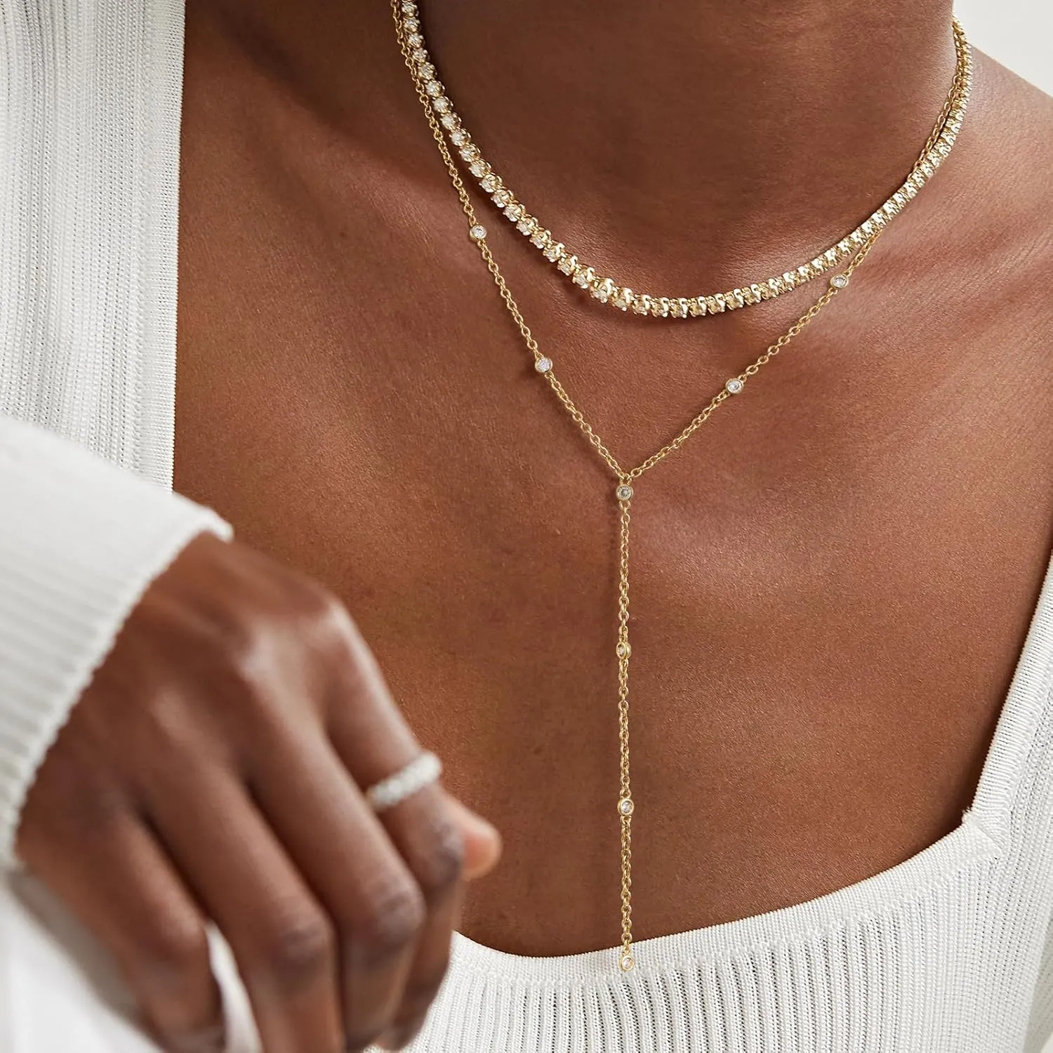 KissYan Gold Lariat Necklace for Women, Dainty 14K Gold Plated Y Shaped Cuban Chain Layered Long CZ Drop Pendant Choker Necklaces Fashion Jewelry Gifts