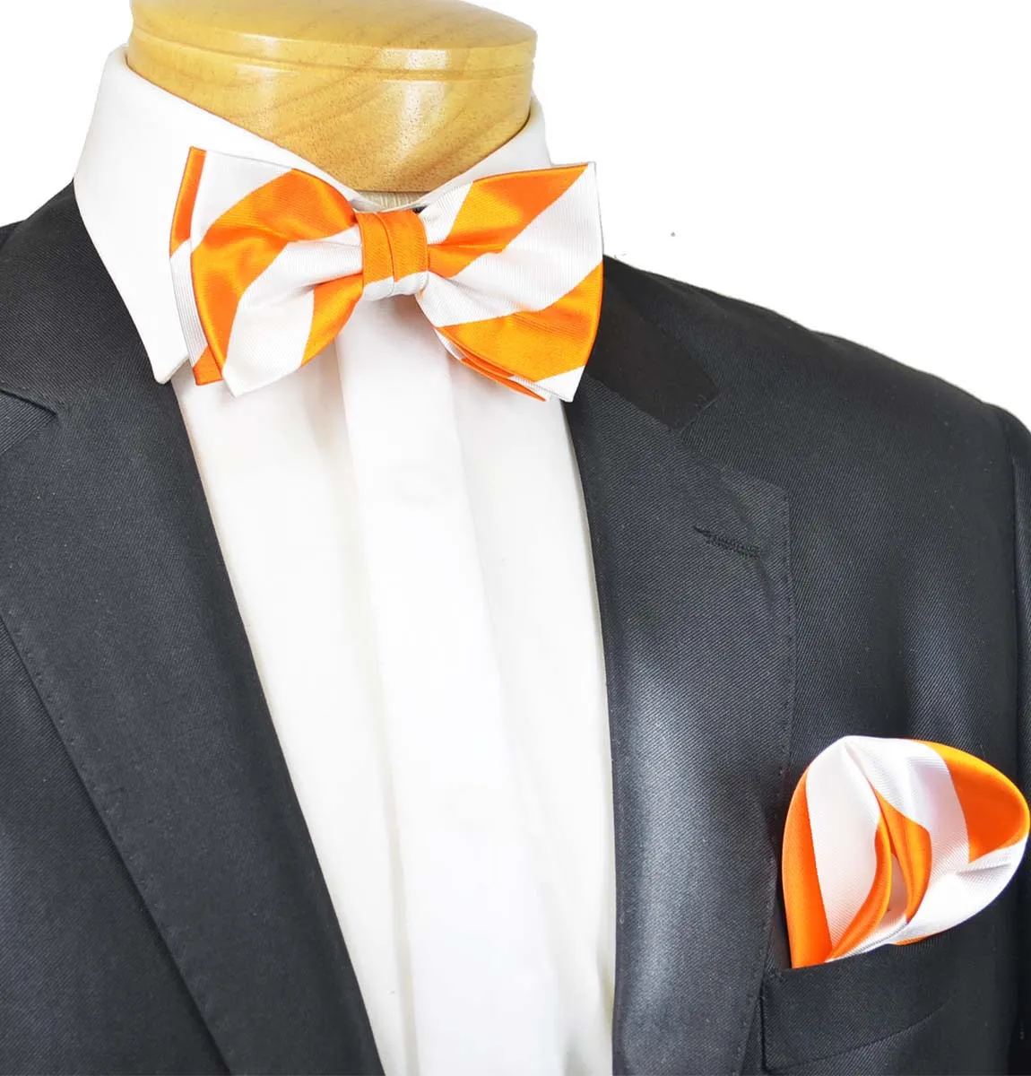 Orange and White Club Striped Silk Bow Tie
