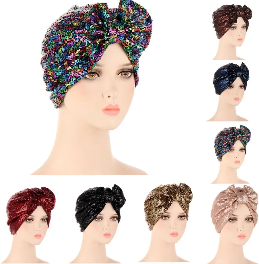Pre Tied Turban Hats for Women - Knotted Solid Sequin Caps Chemo Beanies Headwrap Headwear for Cancer Daily Use