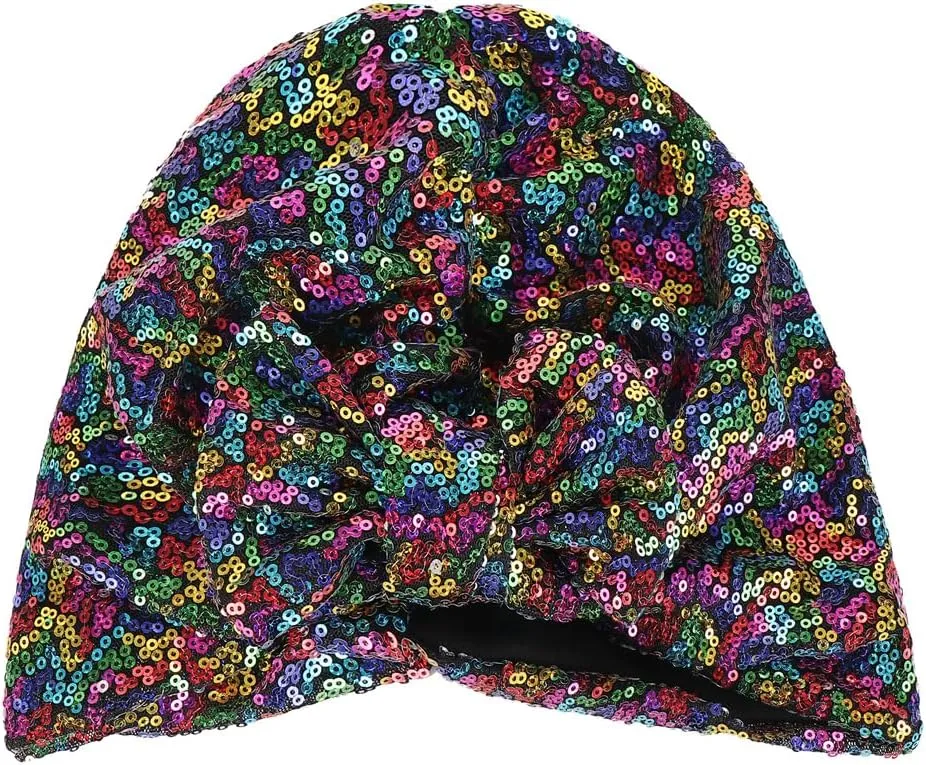 Pre Tied Turban Hats for Women - Knotted Solid Sequin Caps Chemo Beanies Headwrap Headwear for Cancer Daily Use