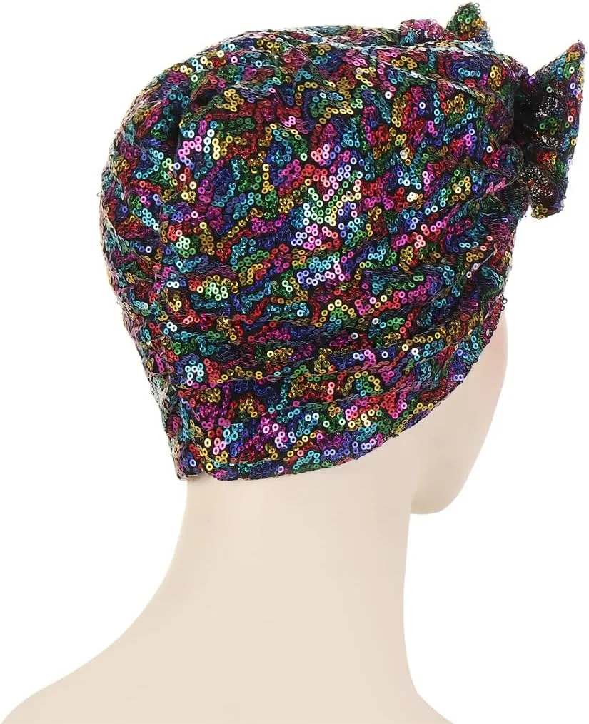 Pre Tied Turban Hats for Women - Knotted Solid Sequin Caps Chemo Beanies Headwrap Headwear for Cancer Daily Use