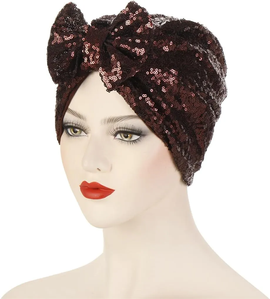 Pre Tied Turban Hats for Women - Knotted Solid Sequin Caps Chemo Beanies Headwrap Headwear for Cancer Daily Use