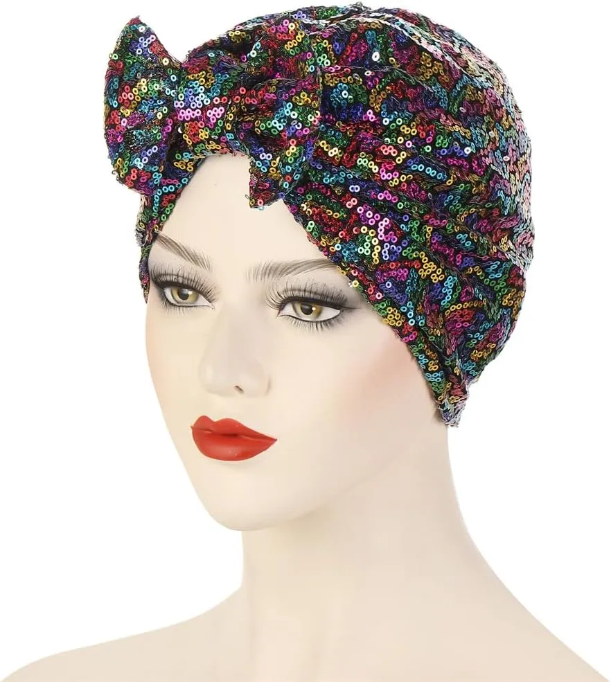 Pre Tied Turban Hats for Women - Knotted Solid Sequin Caps Chemo Beanies Headwrap Headwear for Cancer Daily Use