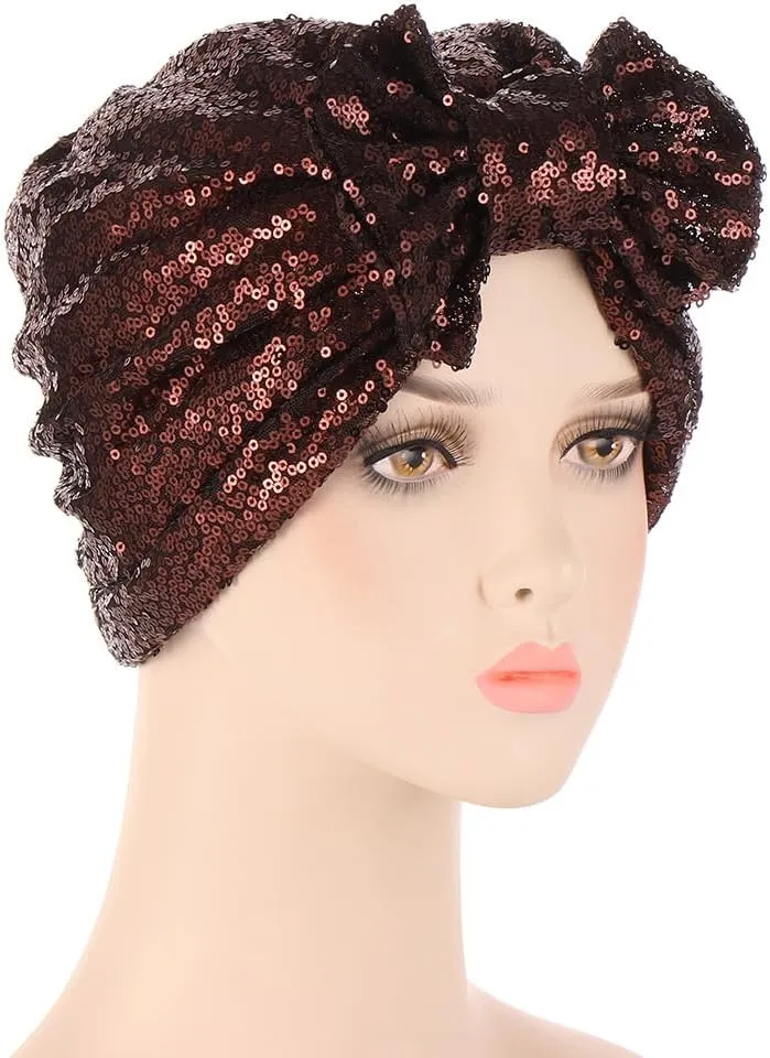 Pre Tied Turban Hats for Women - Knotted Solid Sequin Caps Chemo Beanies Headwrap Headwear for Cancer Daily Use