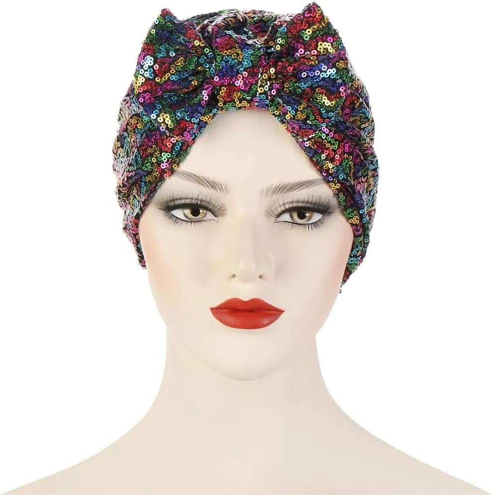 Pre Tied Turban Hats for Women - Knotted Solid Sequin Caps Chemo Beanies Headwrap Headwear for Cancer Daily Use