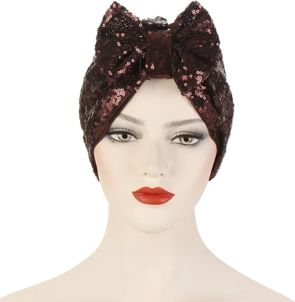 Pre Tied Turban Hats for Women - Knotted Solid Sequin Caps Chemo Beanies Headwrap Headwear for Cancer Daily Use
