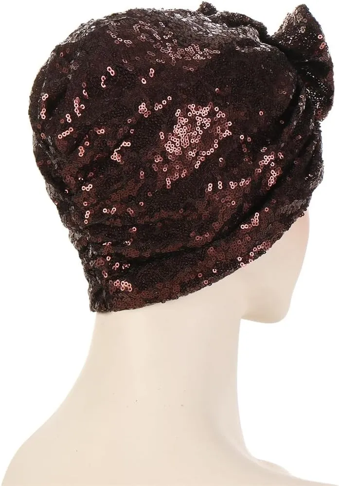 Pre Tied Turban Hats for Women - Knotted Solid Sequin Caps Chemo Beanies Headwrap Headwear for Cancer Daily Use