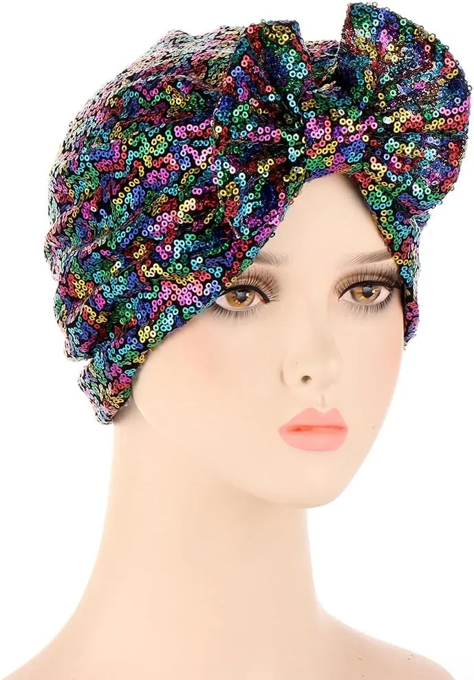 Pre Tied Turban Hats for Women - Knotted Solid Sequin Caps Chemo Beanies Headwrap Headwear for Cancer Daily Use