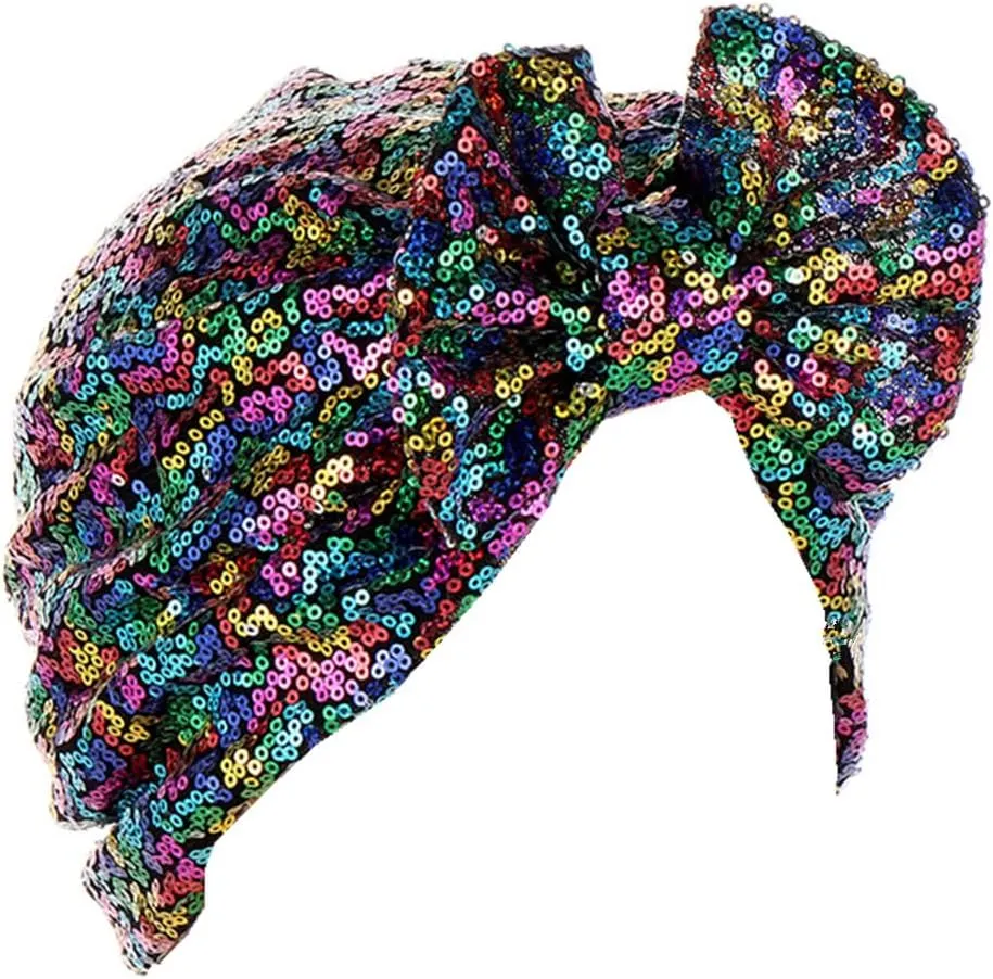 Pre Tied Turban Hats for Women - Knotted Solid Sequin Caps Chemo Beanies Headwrap Headwear for Cancer Daily Use