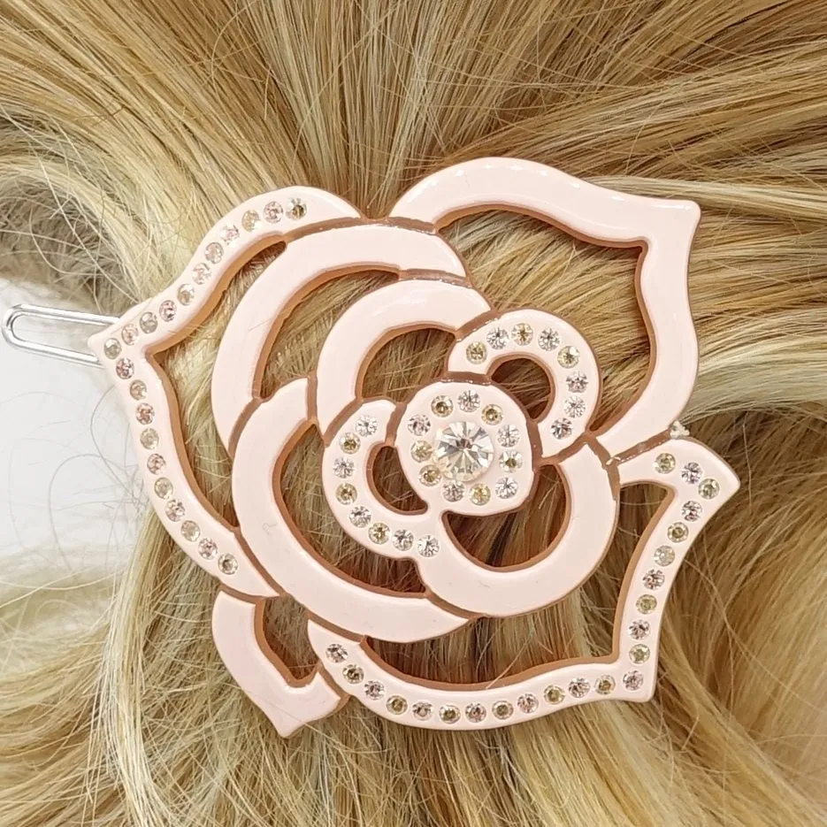 rhinestone embellished camellia flower cellulose hair clip women hair accessory