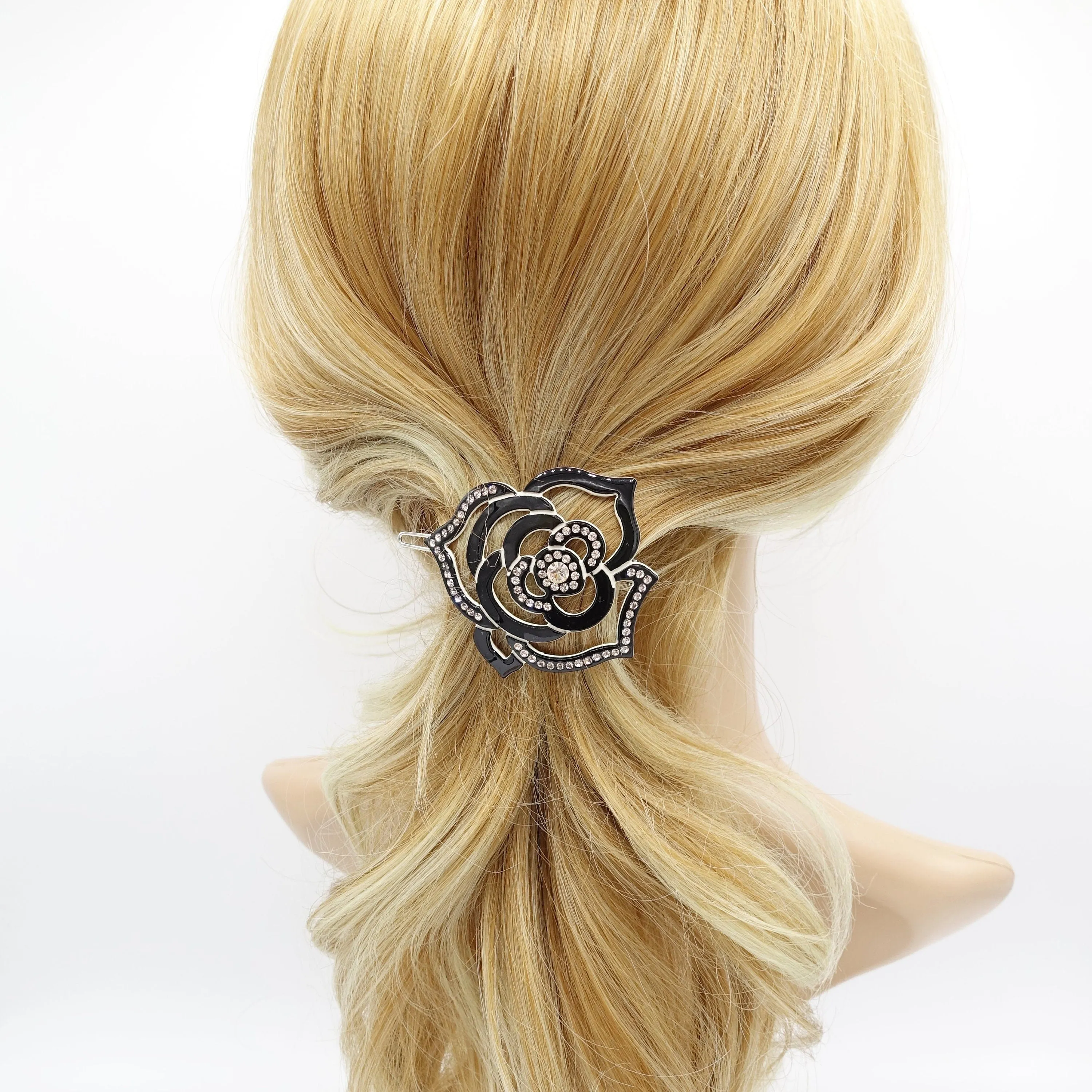 rhinestone embellished camellia flower cellulose hair clip women hair accessory