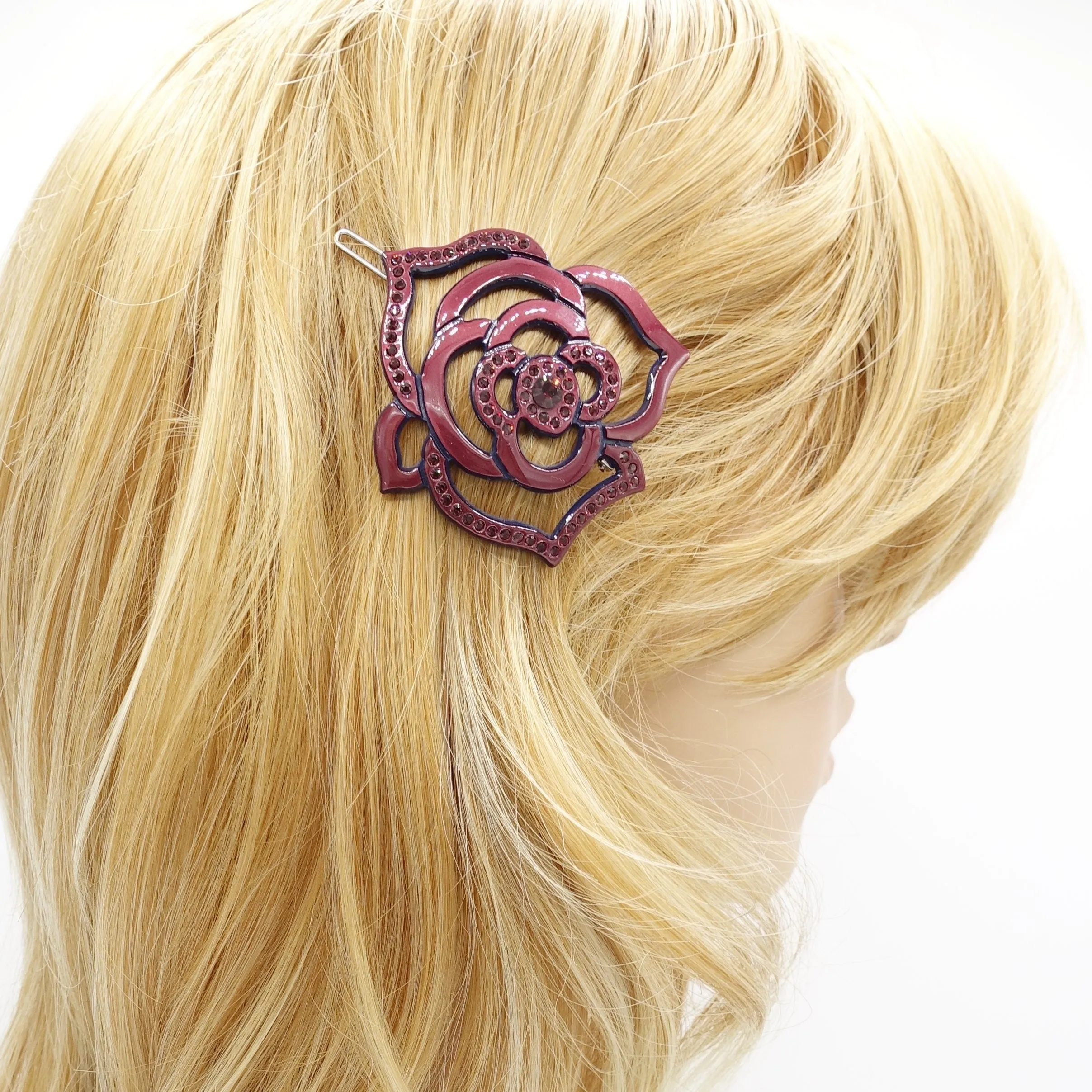 rhinestone embellished camellia flower cellulose hair clip women hair accessory