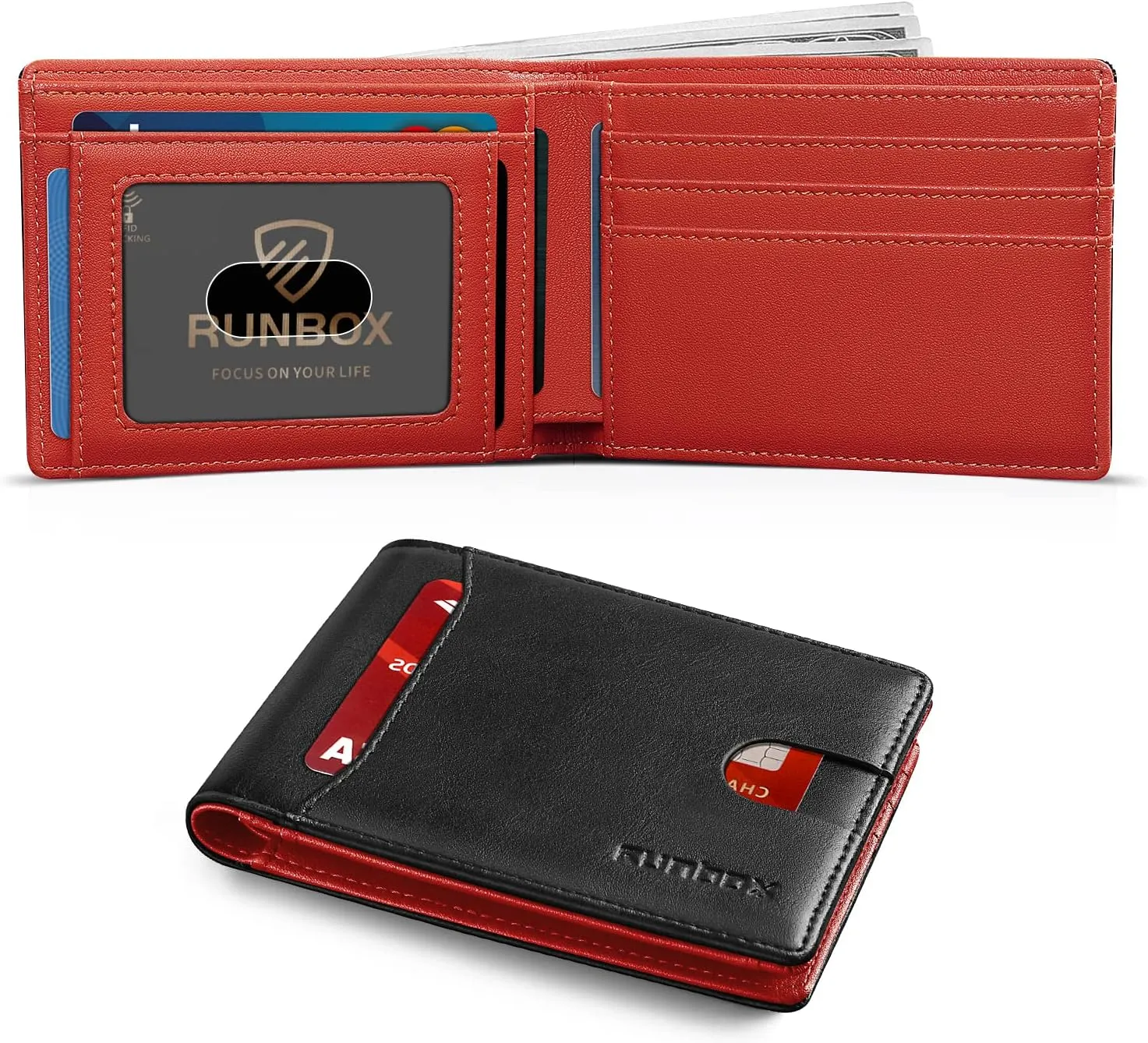 RUNBOX Wallet for Men Slim 11 Credit Card Holder Slots Leather RFID Blocking Small Thin Men's Wallet Bifold Minimalist Front Pocket Large Capacity Gift Box