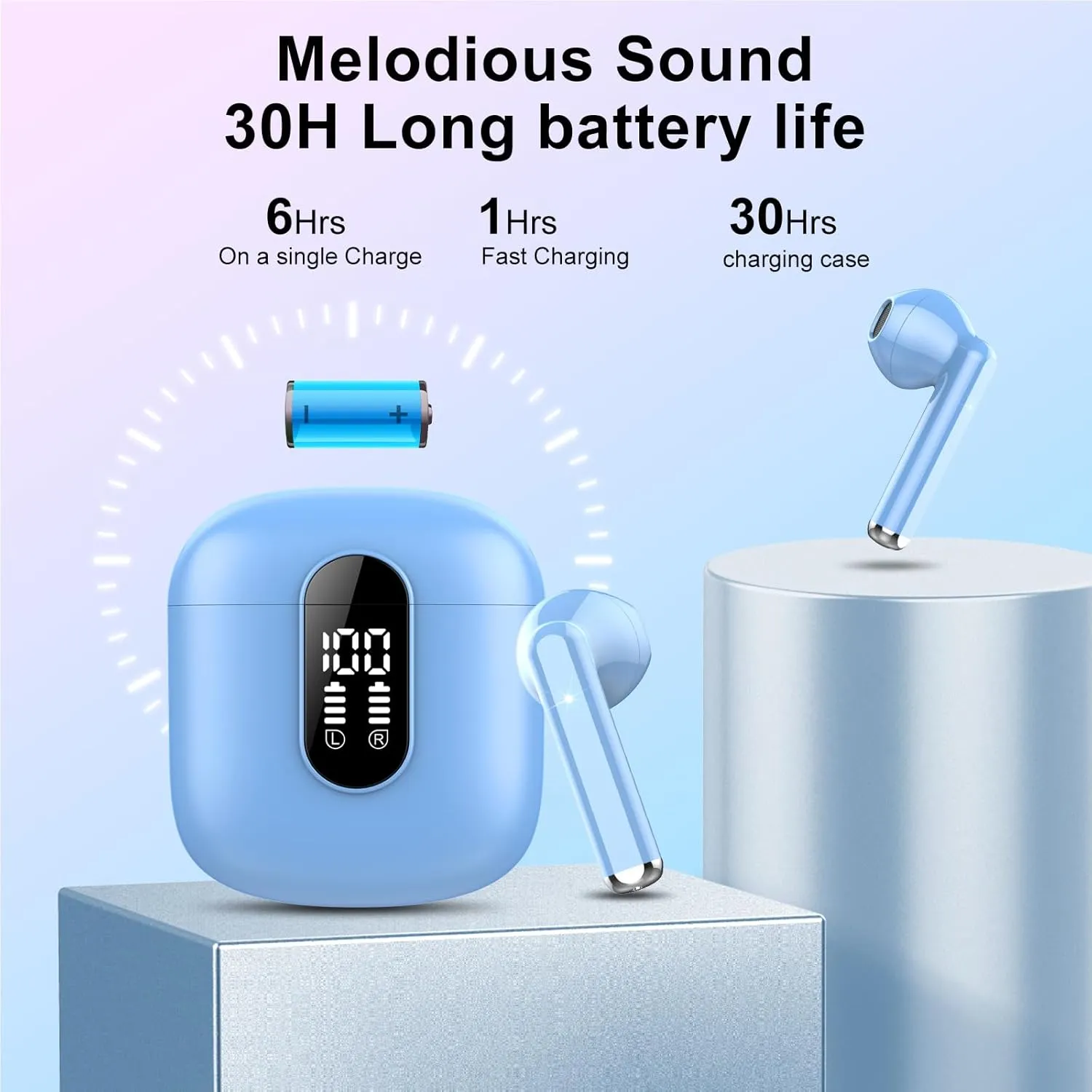 Wireless Earbuds 2024 Bluetooth 5.3 Headphones with HD Mic HiFi Stereo Sound, Wireless Earphones with Dual LED Display Touch Control, IPX7 Waterproof 30H Playtime Ear Buds for iOS Android, Hellblau