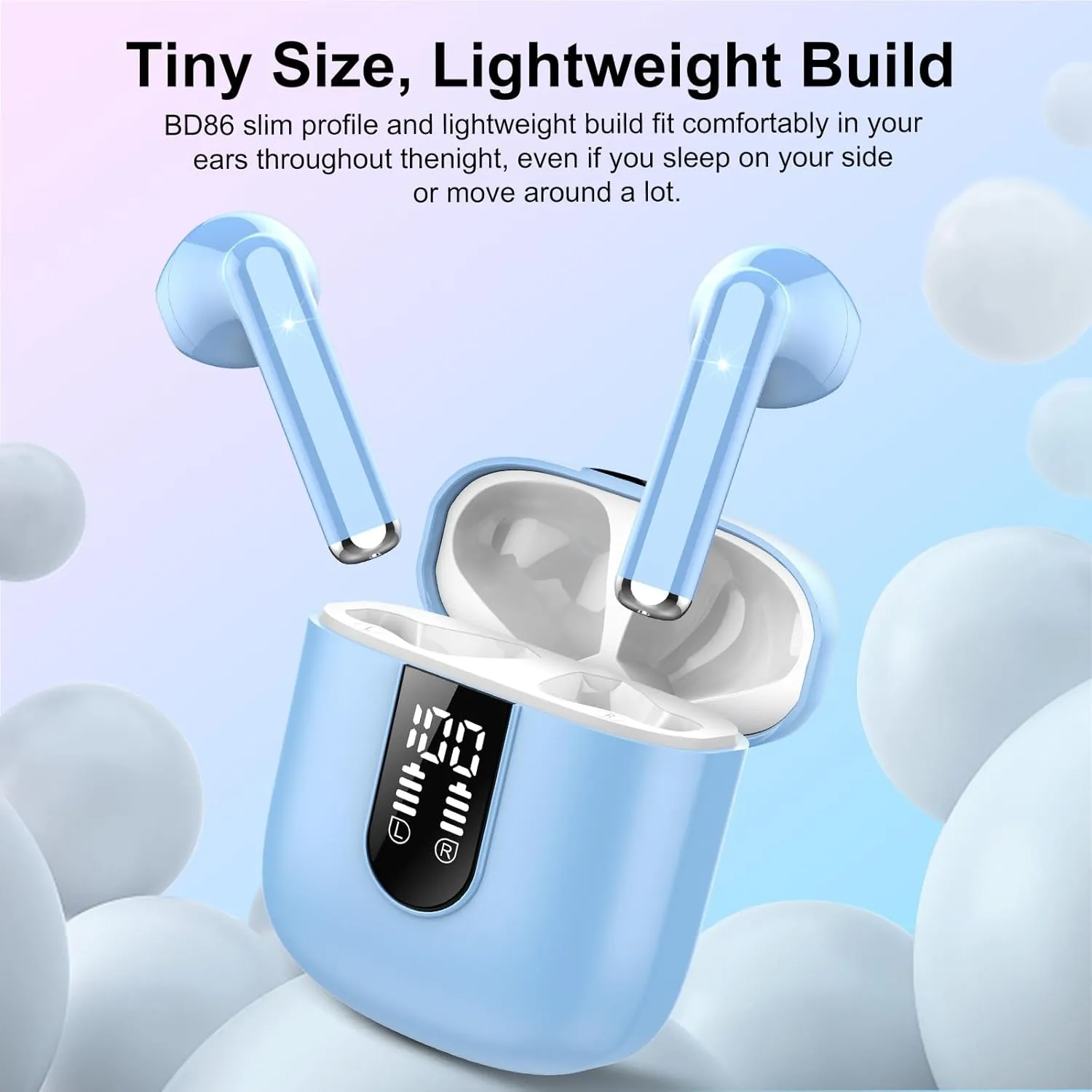 Wireless Earbuds 2024 Bluetooth 5.3 Headphones with HD Mic HiFi Stereo Sound, Wireless Earphones with Dual LED Display Touch Control, IPX7 Waterproof 30H Playtime Ear Buds for iOS Android, Hellblau