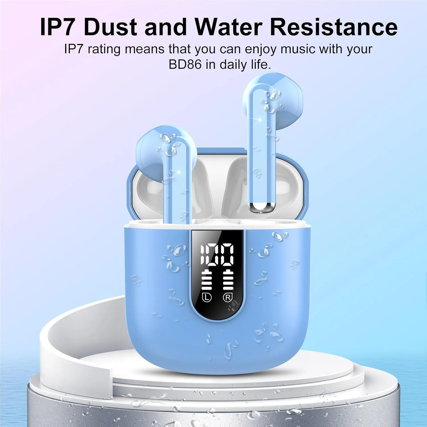 Wireless Earbuds 2024 Bluetooth 5.3 Headphones with HD Mic HiFi Stereo Sound, Wireless Earphones with Dual LED Display Touch Control, IPX7 Waterproof 30H Playtime Ear Buds for iOS Android, Hellblau