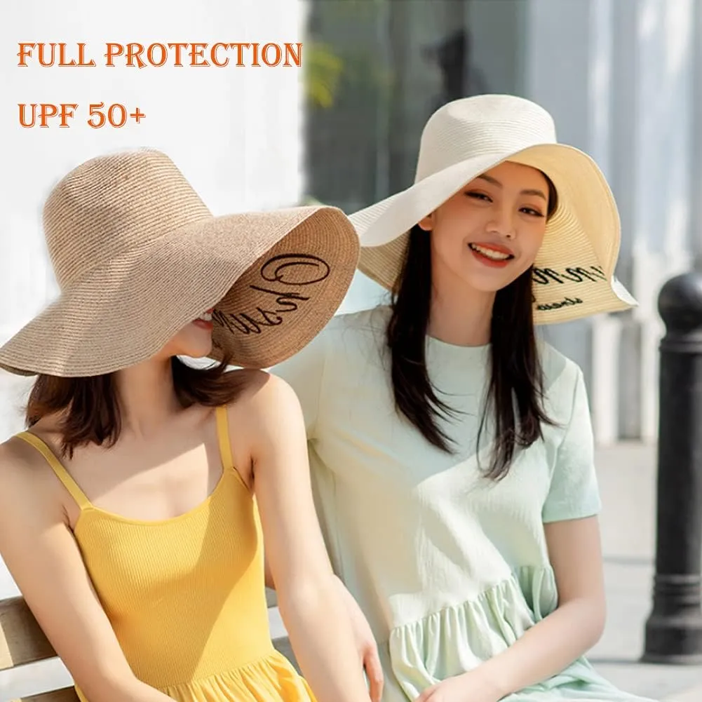 Women's Wide Brim Sun Protection Straw Hat Folable Floppy Hat Summer UV Protection Beach Hat, SLHH1M033X