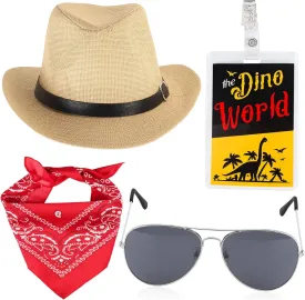 Yewong 4 Pieces Adult Dinosaur Paleontologist Costume Accessories Set - Hat Bandana Sunglasses ID Badge for Dinosaur Expert Park Ranger Halloween Movie Character Cosplay