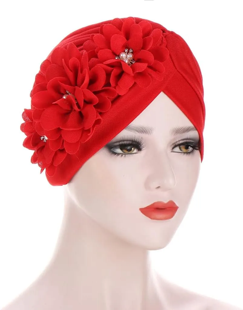 YYAOJHAO Women Flower Turban Hats - Ruffle Pre Tied Headwrap Caps Chemo Beanies Hijab Headscarf for Cancer Patient Hair Loss